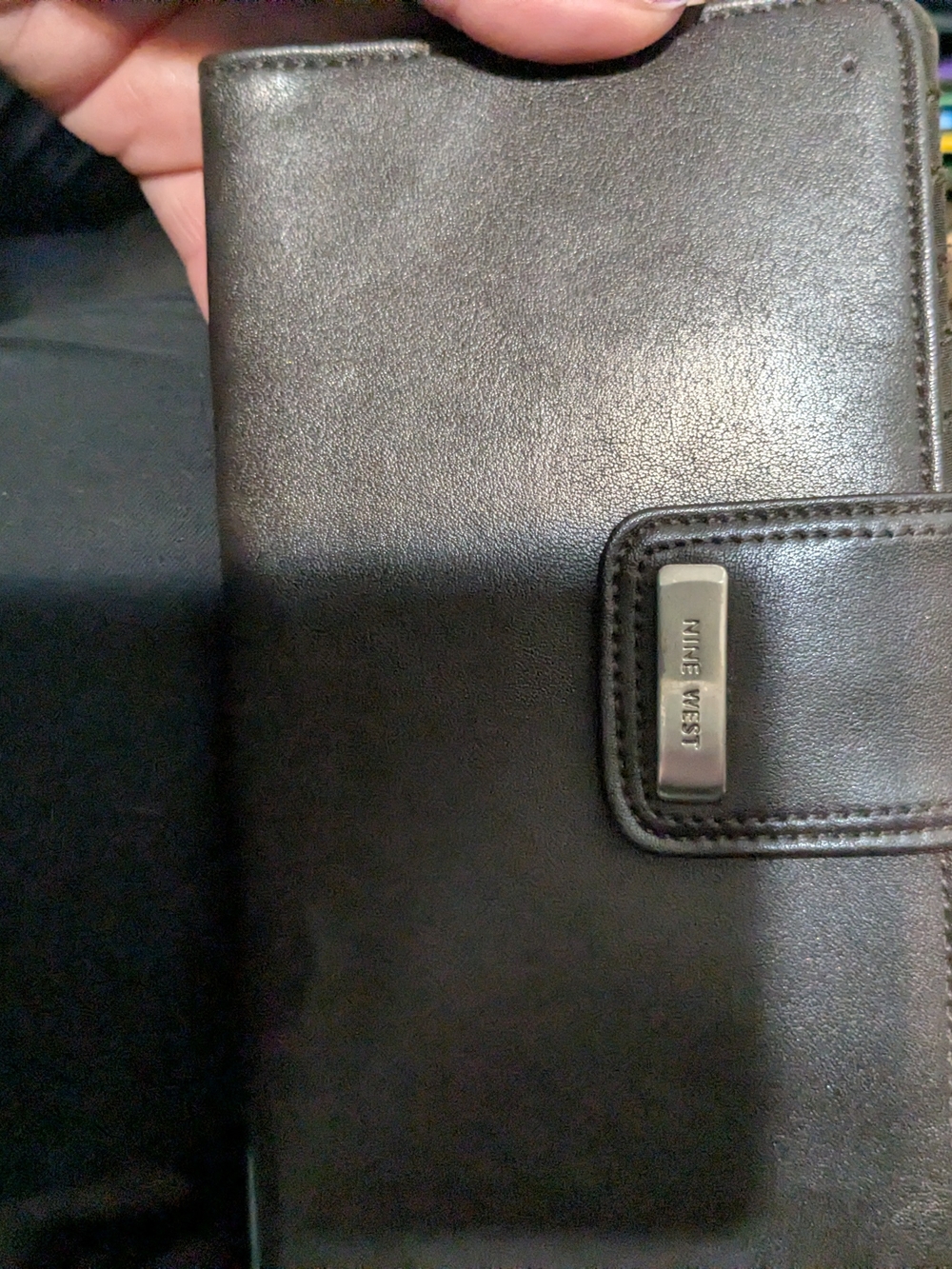 Nine West Black Leather Bi-Fold Wallet with Metal Logo Plate